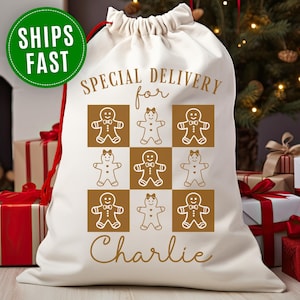 Sac de père Noël en pain d'épice avec livraison spéciale, sac de père Noël personnalisé en pain d'épice pour cadeaux de Noël Sac de cadeau de Noël en pain d'épice personnalisé
