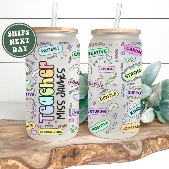 Personalized Teacher Glass Tumbler, Custom Teacher Name Iced Coffee Cup Mug Teacher Appreciation Gifts for New Teacher Back to School Gifts