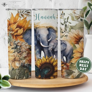 Personalized Elephant Tumbler, Watercolor Elephant Custom Skinny Tumbler with Straw Gifts fo Her Birthday Gifts for Women Elephant Lover