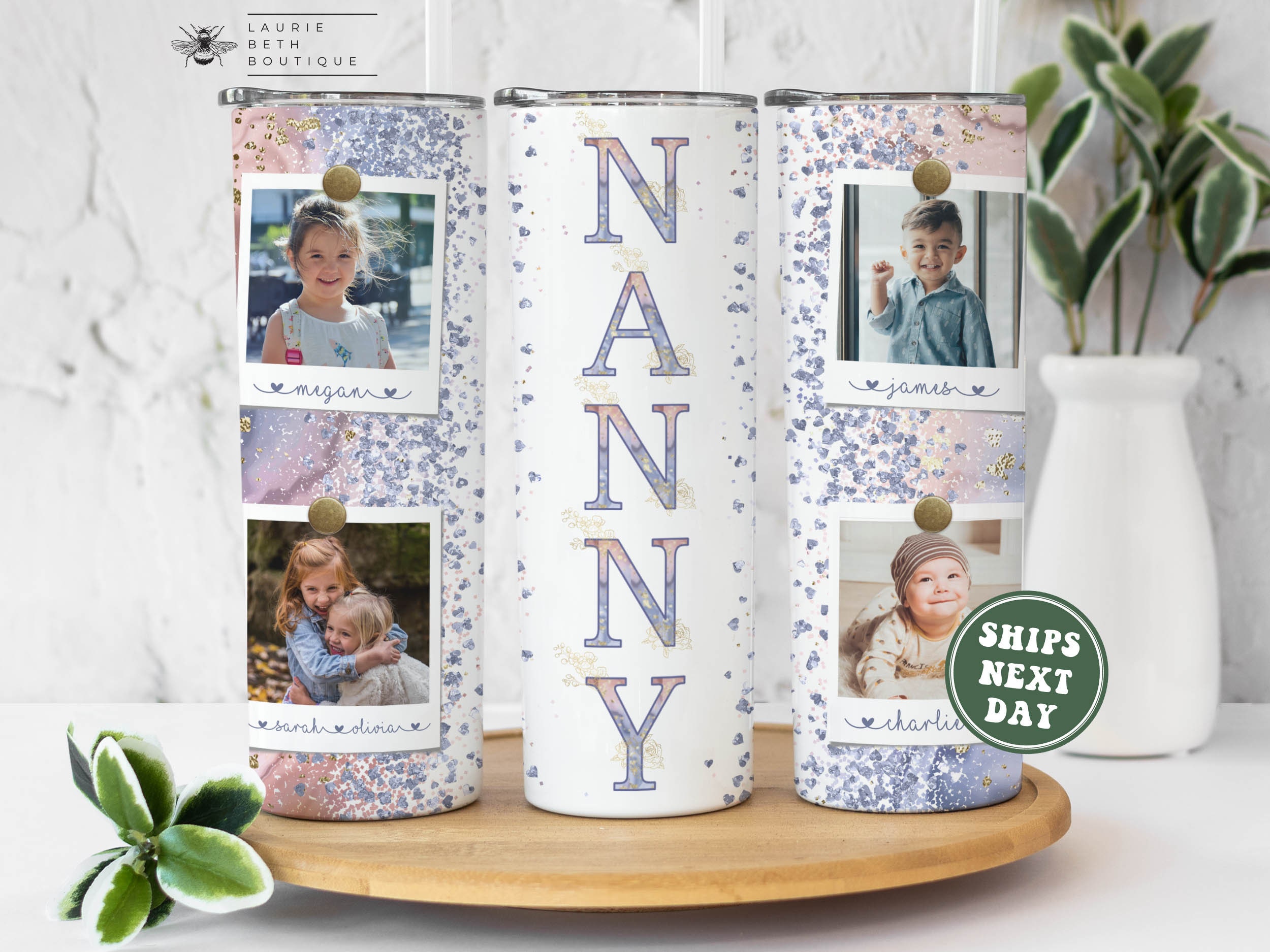 Nanny Tumbler with Pictures, Custom Nanny Tumbler Cup Grandkids Names Photos Personalized Mother's Day Gifts for Grandma Birthday Gift Mug