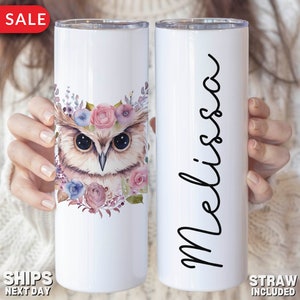 Personalized Owl Tumbler, Watercolor Owl Custom Skinny Tumbler with Straw Gifts for Her Birthday Gifts for Women Owl Lover Gifts To Go Mug