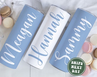 Personalized Bridesmaid Tumblers, Custom Bachelorette Party Skinny Tumblers Bridesmaid Proposal Gift Girls Trip Matching Tumblers Dusty Blue