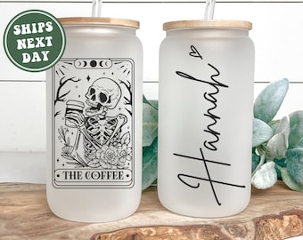 Personalized Coffee Lover Class Cup, Custom Coffee Lover Tarot Card Tumbler Frosted Glass Iced Coffe Cup Gift for Iced Coffee Lover Gifts