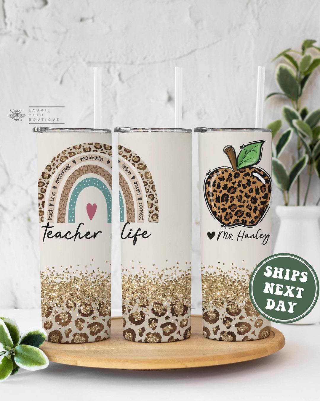 Custom Teacher Tumbler Personalized Cheetah Print Teacher Apple Teacher
