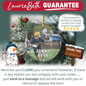 May include: A circular Christmas ornament featuring a photograph of a lacrosse player in a dark uniform with the text JONNY 2026. The ornament is displayed with a snowman graphic, a wooden sign reading THANK YOU, and a five-star review bubble.