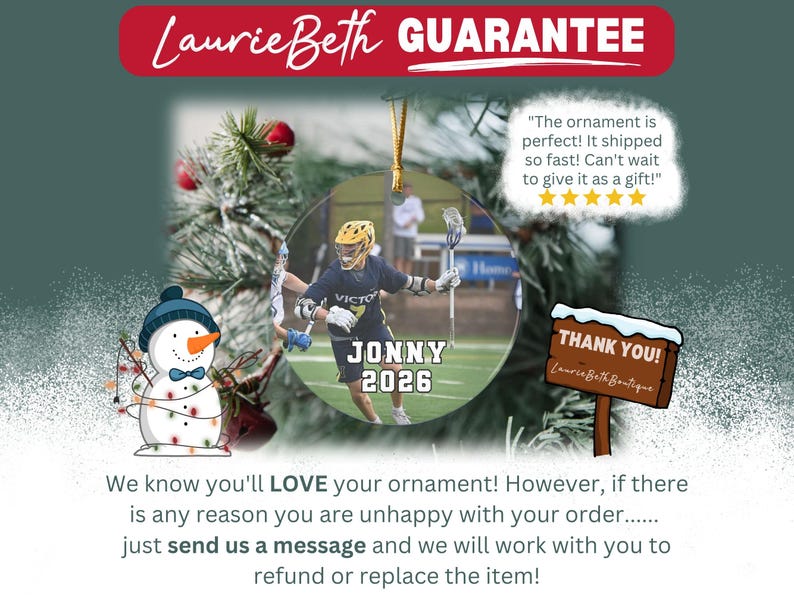 May include: A circular Christmas ornament featuring a photograph of a lacrosse player in a dark uniform with the text JONNY 2026. The ornament is displayed with a snowman graphic, a wooden sign reading THANK YOU, and a five-star review bubble.