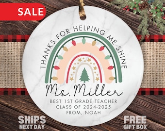 Personalized Teacher Christmas Ornament, Custom Rainbow Thanks for Helping Me Shine Teacher Appreciation Christmas Tree Gift from Students