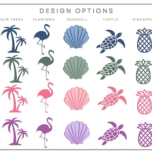 May include: A design options chart featuring beach-themed icons in blue, green, pink, and purple. Icons include palm trees, flamingos, seashells, turtles, and pineapples. The text "DESIGN OPTIONS" and "COLOR OPTIONS" are also present.