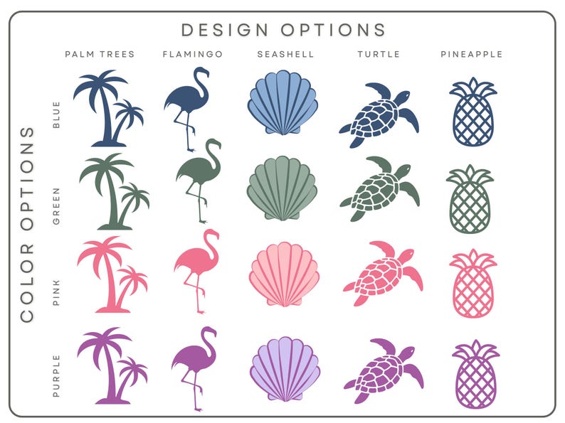 May include: A design options chart featuring beach-themed icons in blue, green, pink, and purple. Icons include palm trees, flamingos, seashells, turtles, and pineapples. The text "DESIGN OPTIONS" and "COLOR OPTIONS" are also present.