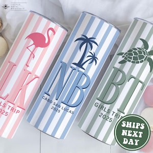 May include: Three personalized travel tumblers with vertical stripes. One is pink with a flamingo, another is blue with palm trees, and the last is green with a turtle. Each has initials, "GIRLS TRIP 2025" and "CABO SAN LUCAS 2025".
