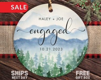 Personalized Engagement Ornament, Custom Engagement Gifts Names Date Engagement Party Mountain Engagement Christmas Ornament Engaged Couple