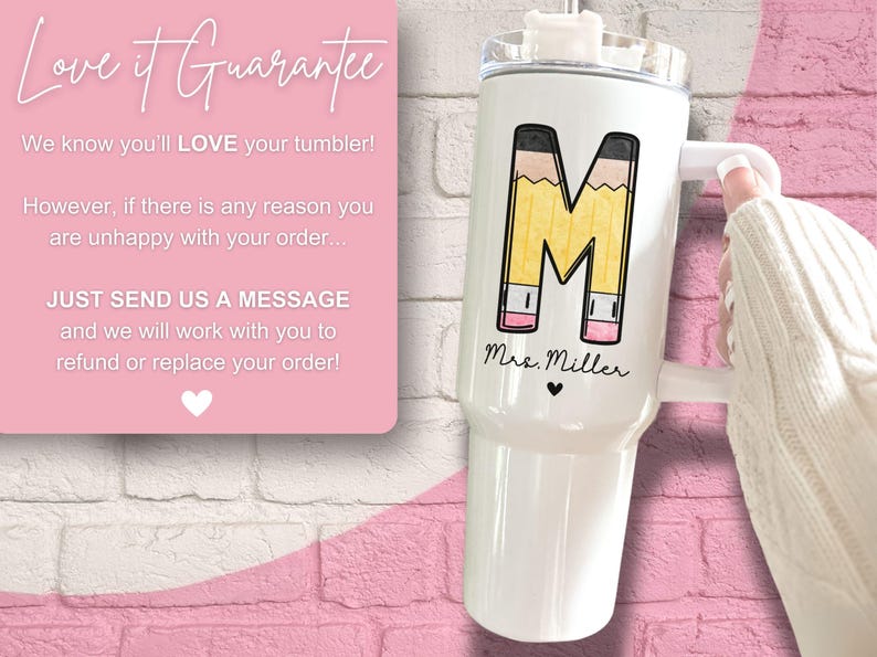 May include: White tumbler with a yellow pencil shaped letter M and the text "Mrs. Miller".