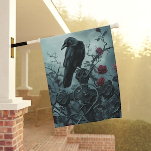 Goth Garden Banner, Raven House Banner, Garden & House Banner, Black Raven Perched on a Gothic Cross with Thorns and Black/Red Roses