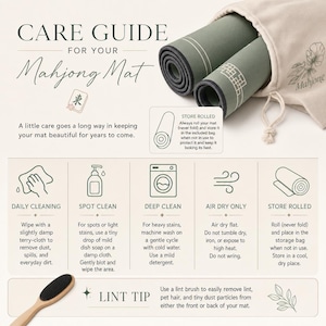 May include: A care guide for a mahjong mat featuring text instructions, icons for cleaning, and a lint brush. The guide shows a rolled sage green mat with white geometric patterns inside a beige drawstring storage bag with floral line art.