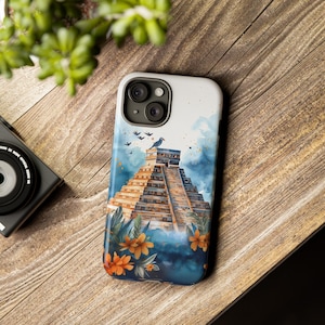Watercolor Aztec Pyramid Tough Phone Case for iPhone, Galaxy and Pixel - Polycarbonate Shell, Rubber Liner