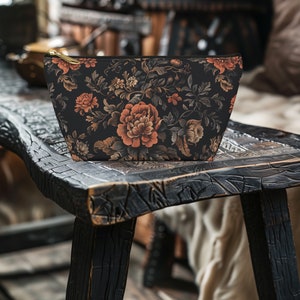 Old World Style Medieval Flowers Makeup Bag, Pencil Case, Accessory Pouch w T-bottom, Cosmetic Purse