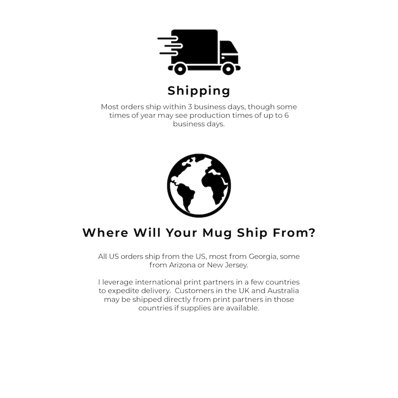 May include: Black and white illustration of a delivery truck with the text "Shipping" and information about shipping times.  A black and white illustration of a globe with the text "Where Will Your Mug Ship From?" and information about shipping locations.