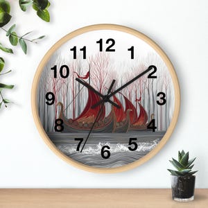 10&quot; Viking Inspired Round Wall Clock Featuring Fantasy Norse Longboats at Launch - Voyage on the Seas Nordic Wall Clock - Gift for Him
