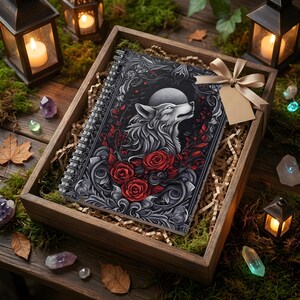 Wolf, Moon, Roses - Personal Diary or Journal - Shopping Notebook - Gamer Notepad - Spiral Bound Notebook with 118 90gsm pages, 300gsm cover