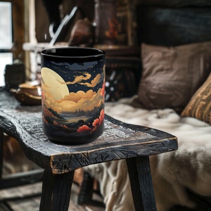 Japanese Sakura Moon Coffee Mug, Japan Coffee Mug, Japanese Mug, Moon Mug, Sakura Coffee Mug, 15oz Black Coffee Mug, Ceramic Mug