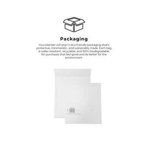 May include: A white, eco-friendly mailing envelope with the text "Packaging" and a simple illustration of a box. The text explains that the envelope is water-resistant, recyclable, and biodegradable.
