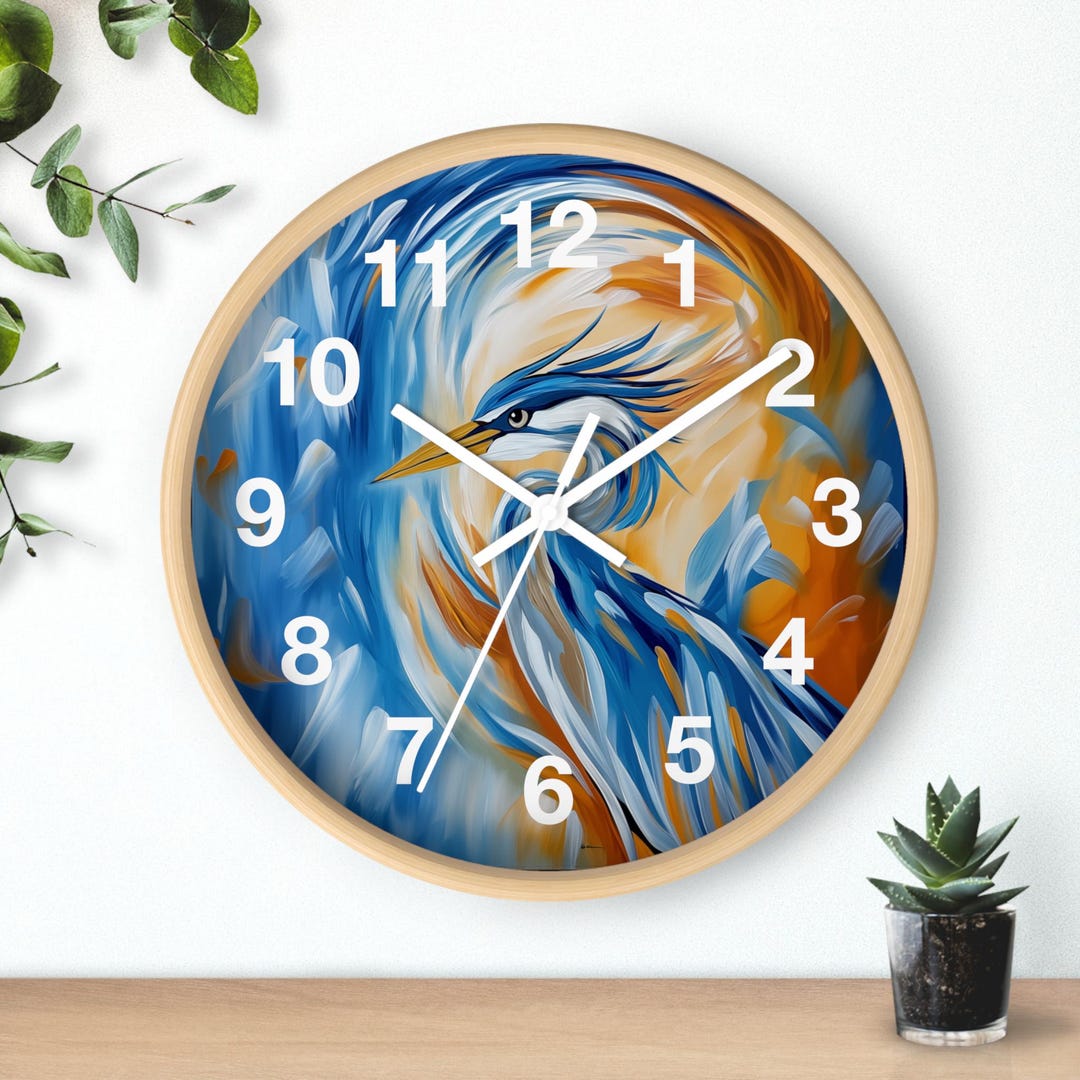 10" Round Wall Clock Featuring Great Blue Heron Print - Living Room or ...