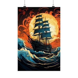 Fantasy Pirate Ship Poster, Art Deco Pirate Ship Wall Art, Art Deco Home Decor, Pirate Bedroom Art, Nautical Wall Art, Beach Home Decor