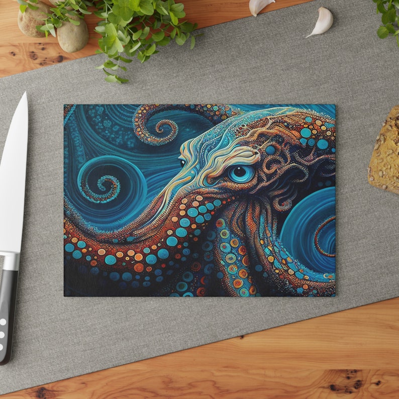 Glass Cutting Board, Octopus Kitchen Decor, Beach Home Kitchen, Unique Kitchen Accessory,Octopus Cutting Board, Veg Cutting Board, Chef Gift image 3