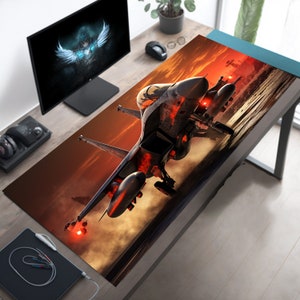 Gaming Desk Mat Featuring Military Fighter Jet Landing on an Airfield, Jet Mouse Pad, Military Desk Mat