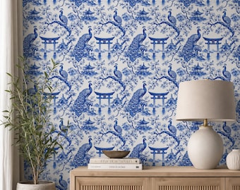 Tapeta Chinoiserie | Niebieski i biały paw, bramy Temple i Tori | Tapeta samoprzylepna