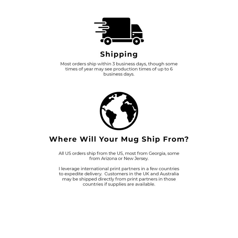 May include: Black and white illustration of a delivery truck with the text "Shipping" and information about shipping times.  A black and white illustration of a globe with the text "Where Will Your Mug Ship From?" and information about shipping locations.