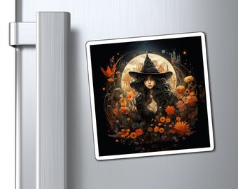 Imán de bruja gótica: Imán de vinilo para refrigerador con luna llena
