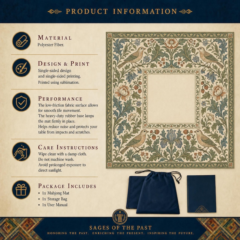William Morris Inspired Mahjong Mat | Arts and Crafts Thrush & Strawberry Game Mat | Victorian Botanical Non Slip Mat image 3