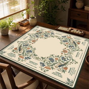 May include: A square mahjong mat with a cream-colored center and a decorative border featuring blue and orange floral patterns and birds. The mat includes printed text instructions for game rules such as Charleston, Dragons, and Jokers.