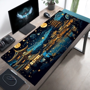 Japanese Dreamscape Desk Mat, Ancient Village And Lake Design, Gold Black And Azure, Desktop Accessory