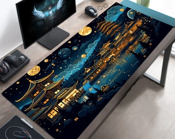 Japanese Dreamscape Desk Mat, Ancient Village And Lake Design, Gold Black And Azure, Desktop Accessory