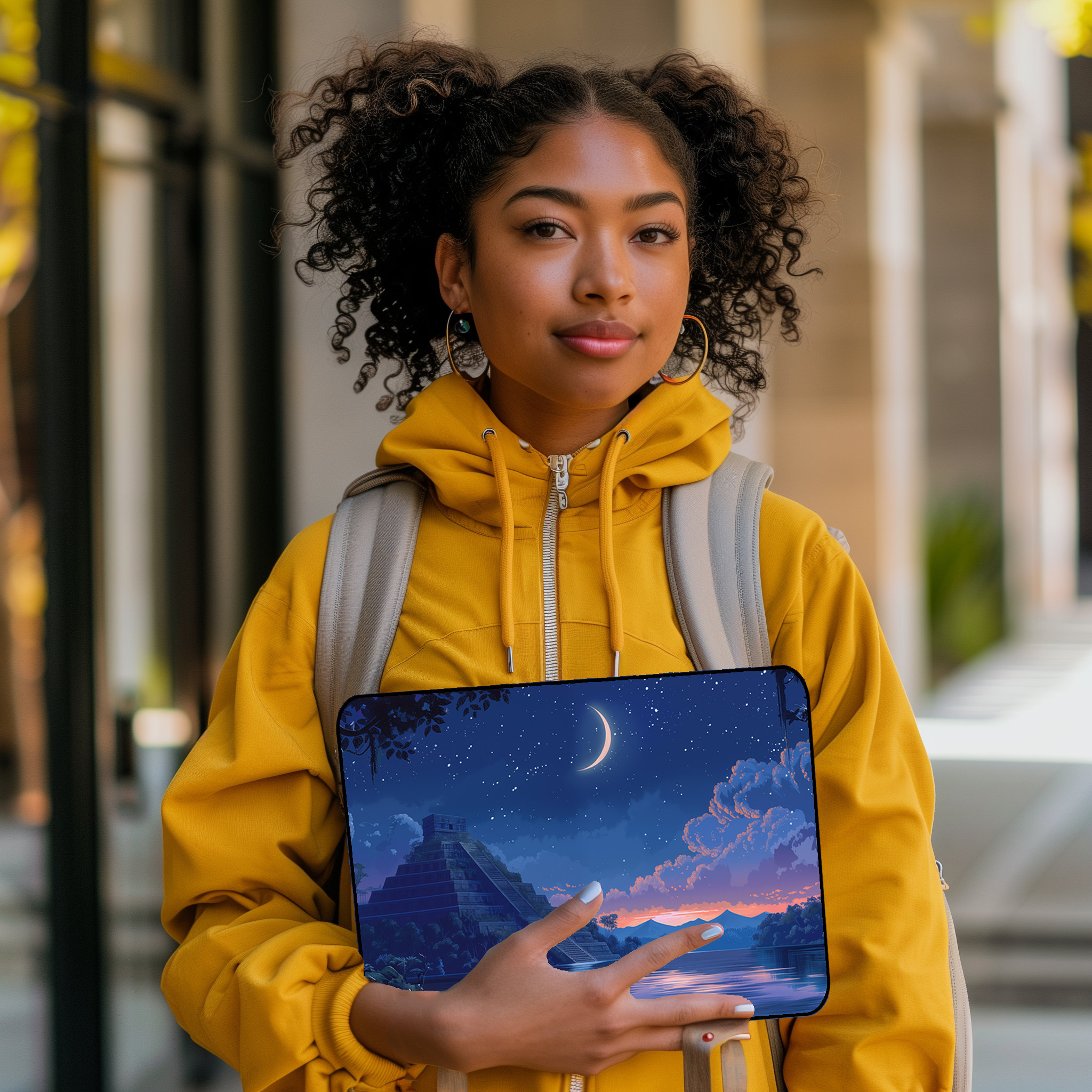 Blue Aztec Night Sky Laptop and iPad Sleeve with Crescent Moon and Jungle Pyramid