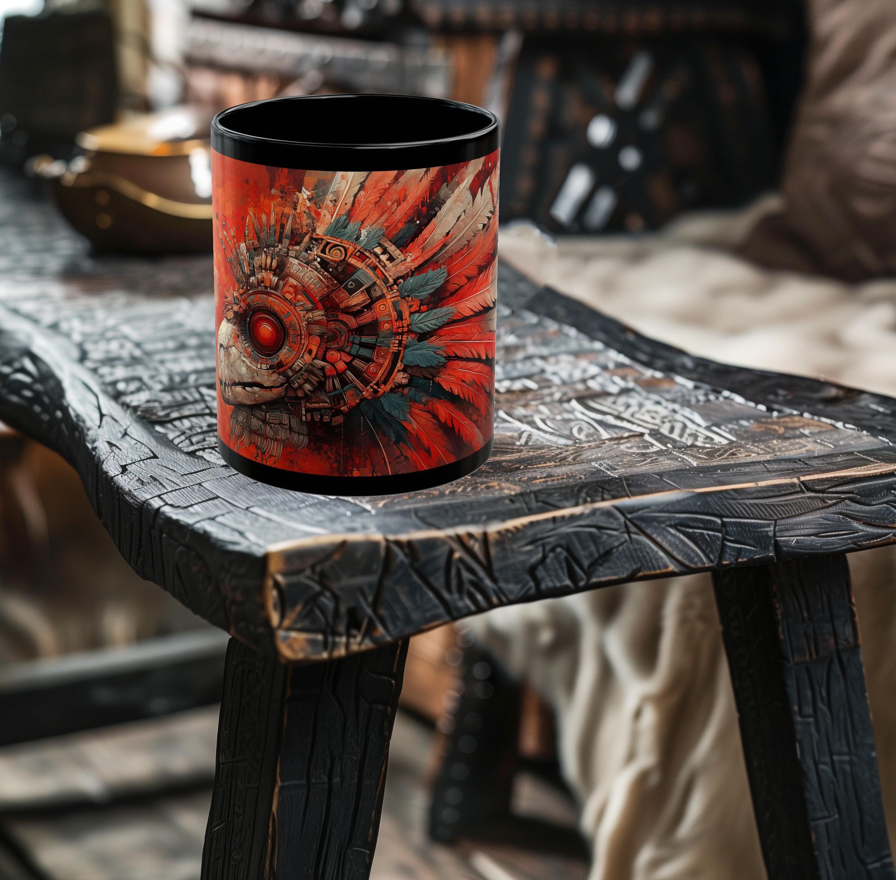 Cyber-Plumed Spirit Aztec Fantasy Mug – Black Ceramic Coffee Cup, 11oz or 15oz