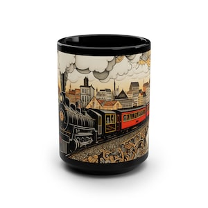 May include: Black coffee mug with a vintage illustration of a steam train traveling through a city. The train is black with red accents and is pulling a string of red passenger cars. The city is depicted in the background with buildings and clouds.