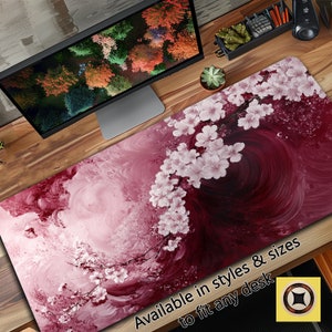 Sakura Whirlwind Fantasy Cherry Blossom Desk Decor - Cute Desk Mat Featuring Pink and White Sakura Blossoms - Mood Calming Desk Mat