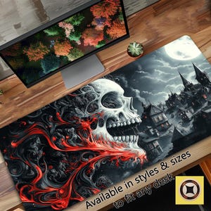 Décoration de bureau horreur mettant en vedette un village gothique médiéval avec une tête de mort menaçante, un tapis de bureau horreur, un tapis de souris gothique, un tapis de jeu Dark Fantasy TCG