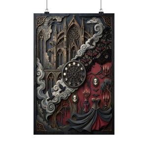 Może przedstawiać: Gotycka grafika ścienna przedstawiająca katedrę, nietoperze i wzór pajęczyny. Grafika wykorzystuje paletę kolorów czerni, szarości i czerwieni, z dekoracyjną ramą. Obraz zawiera gorset i świece.