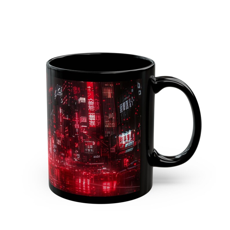 Neon Red Cyberpunk City in the Rain - Gamer Mug - Gift for Husband, Son, Dad, Boyfriend, 11oz or 15oz Black Ceramic Mug image 3
