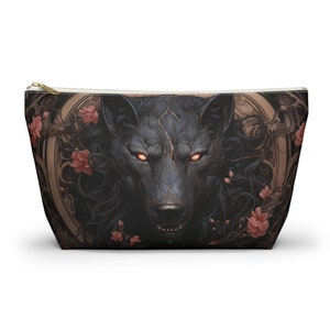 Gothic Wolf Travel Makeup Bag, Dark Cottagecore Cosmetic Bag, Goth Makeup Bag, Cute Pencil Pouch, Accessory Bag, Gift for Goth Girl