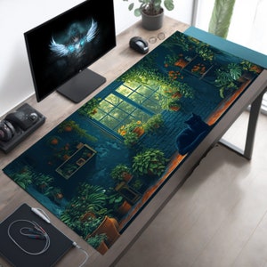 Plant Lovers Deep Green Desk Mat, Cute Cat Desk Pad, Anime Inspired Mouse Pad, Lofi Desk Mat Mousepad XL, Extended Deskmat XXL