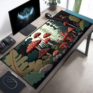 May include: A black and green gaming mouse mat with a colourful illustration of mushrooms in a woodland setting.