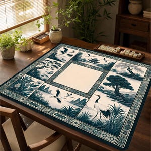May include: A square game mat featuring a grid of illustrations in shades of blue and cream. The panels depict cranes, pine trees, and traditional architecture. The border is decorated with intricate geometric patterns and floral motifs.