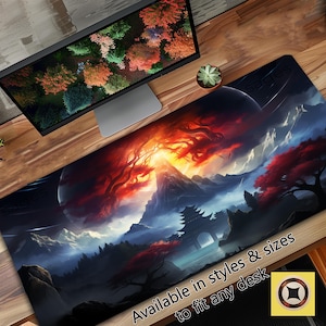 Fantasy Gaming Playmat TCG - Japanese Red Blue Black Gray - Oversized Lofi Desk Mat - Gift for Husband - Gift for Son - TCG Gifts