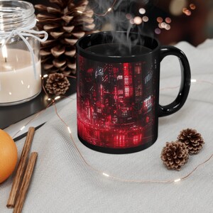 Neon Red Cyberpunk City in the Rain - Gamer Mug - Gift for Husband, Son, Dad, Boyfriend, 11oz or 15oz Black Ceramic Mug image 7