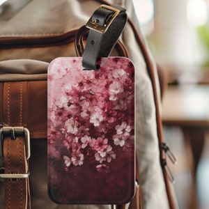 Cute Luggage Tag for Her - Gift for Wife - Deep Red and Pink Japanese Sakura Cherry Blossoms - Travel Essential - Bag Tag - Backpack Tag